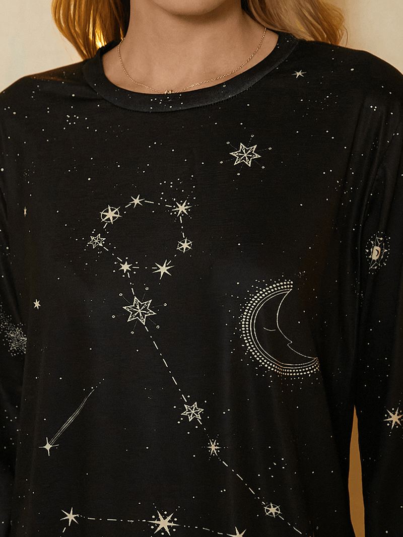 Kvinder Fiskene Med Tryk Stars Moon O-hals Langærmet Afslappet T-shirt