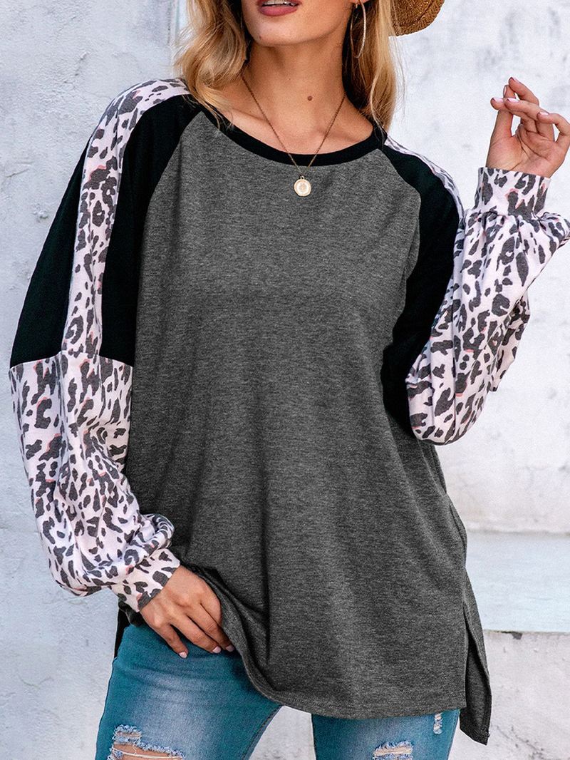 Kvinder Leopard Raglan Sleeve Patchwork O-hals Afslappet Løs T-shirt