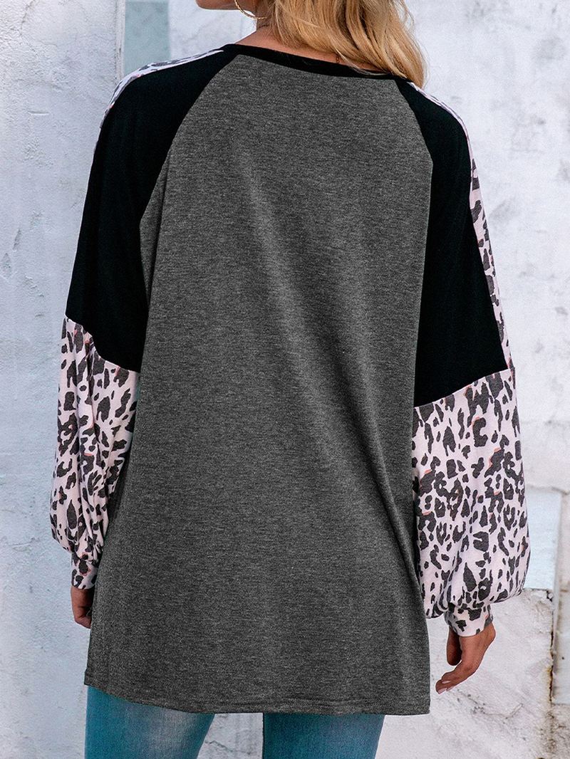 Kvinder Leopard Raglan Sleeve Patchwork O-hals Afslappet Løs T-shirt