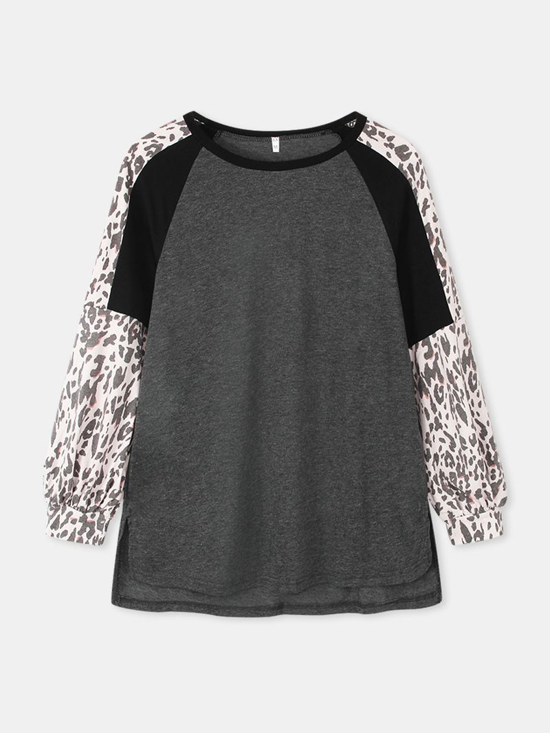 Kvinder Leopard Raglan Sleeve Patchwork O-hals Afslappet Løs T-shirt