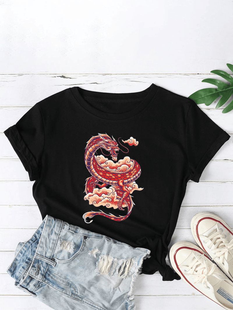 Kvinder Oriental Dragon Graphics O-hals Casual Kortærmede T-shirts