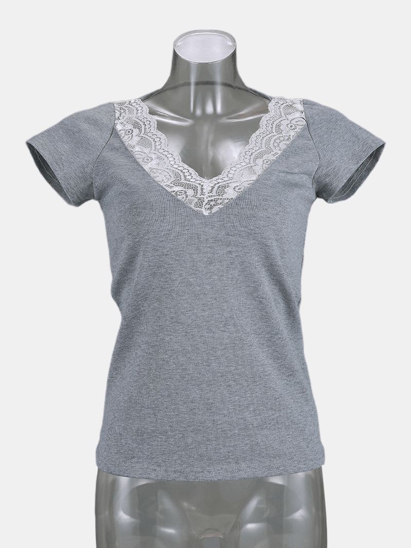 Lace Patchwork V-hals Korte Ærmer T-shirts Til Kvinder