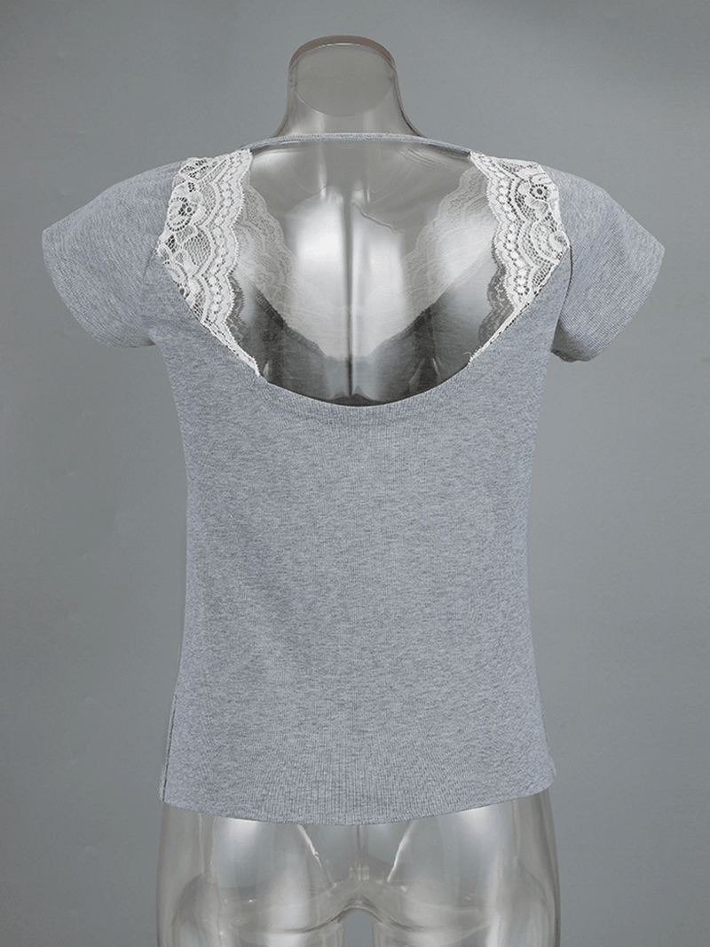 Lace Patchwork V-hals Korte Ærmer T-shirts Til Kvinder