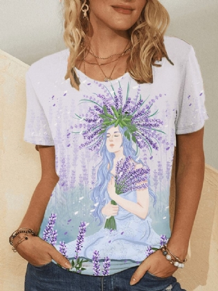 Pige Med Tryk Blomster O-hals Kortærmet Afslappet T-shirt