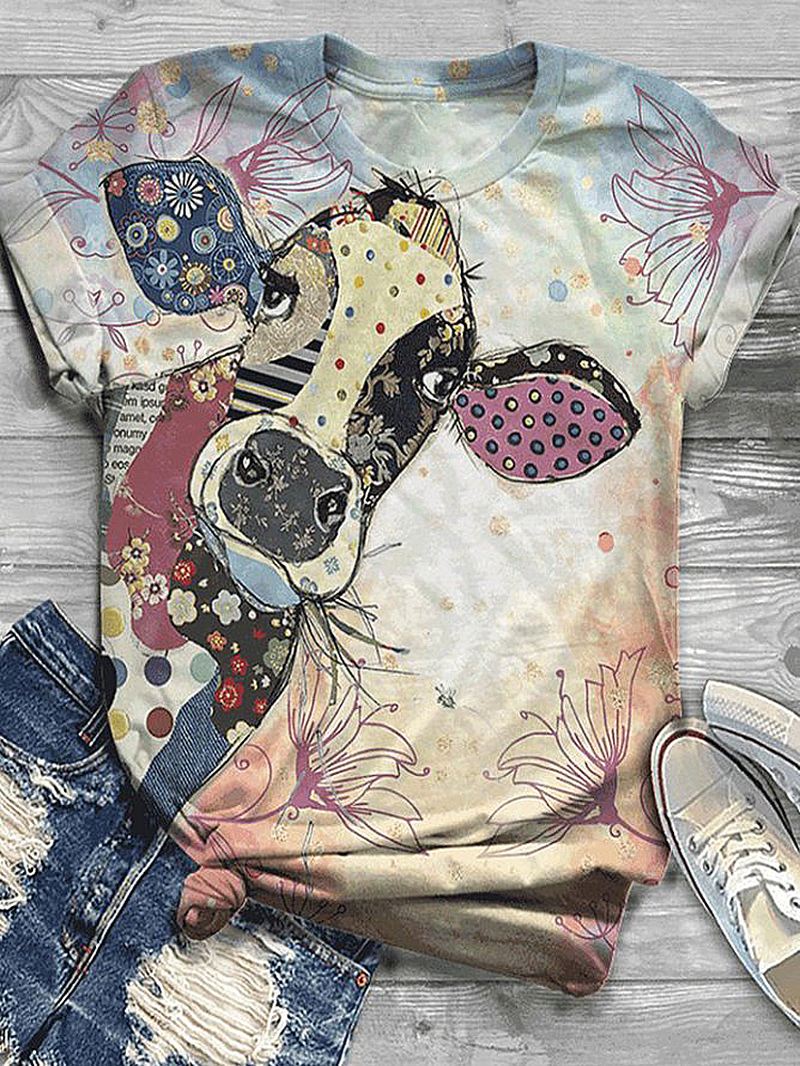 Tegneserie Animal Giraffe Med Tryk Sjove O-hals Kortærmede Kvinder Casual T-shirts