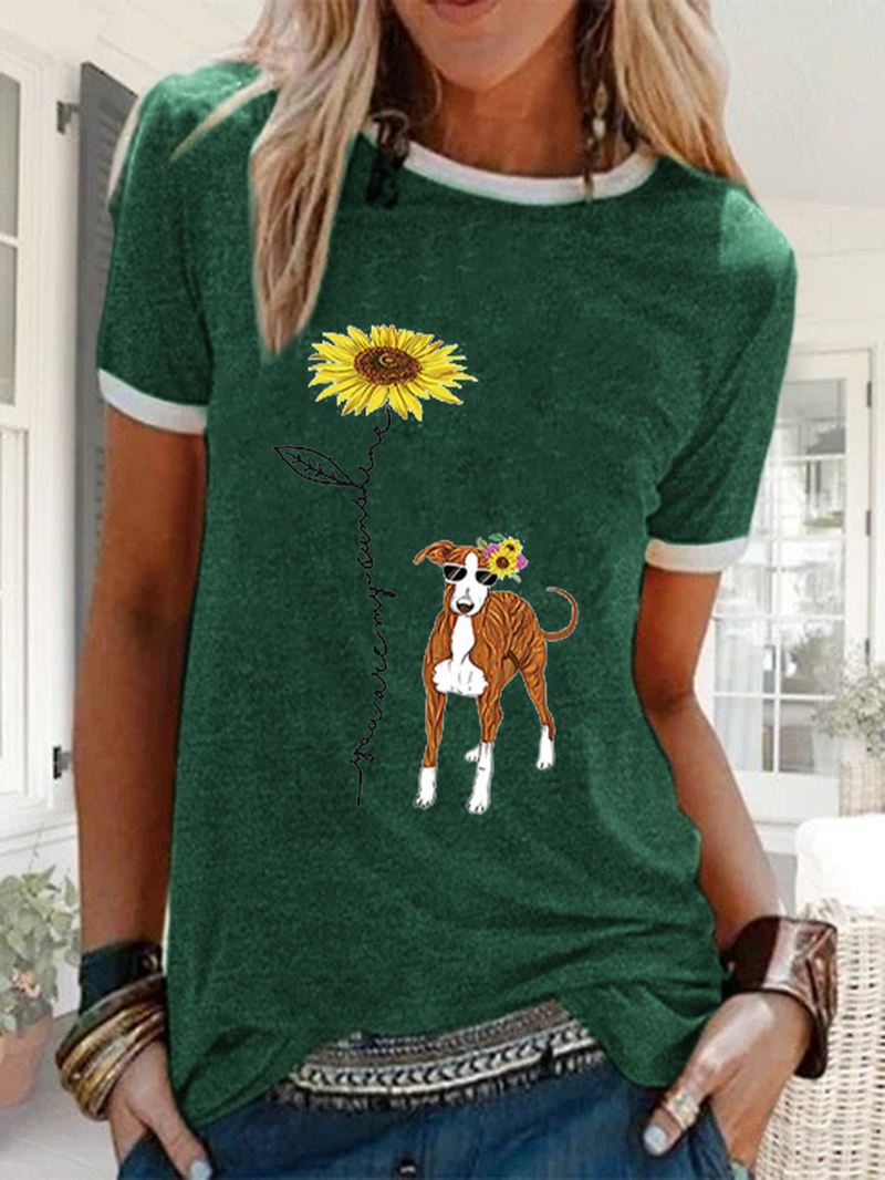 Tegneserie Blomster Hundetrykt Kortærmet Casual Løs T-shirt