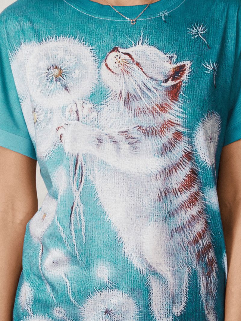 Tegneserie Blomster Kat Med Tryk Kortærmet O-hals Afslappet T-shirt