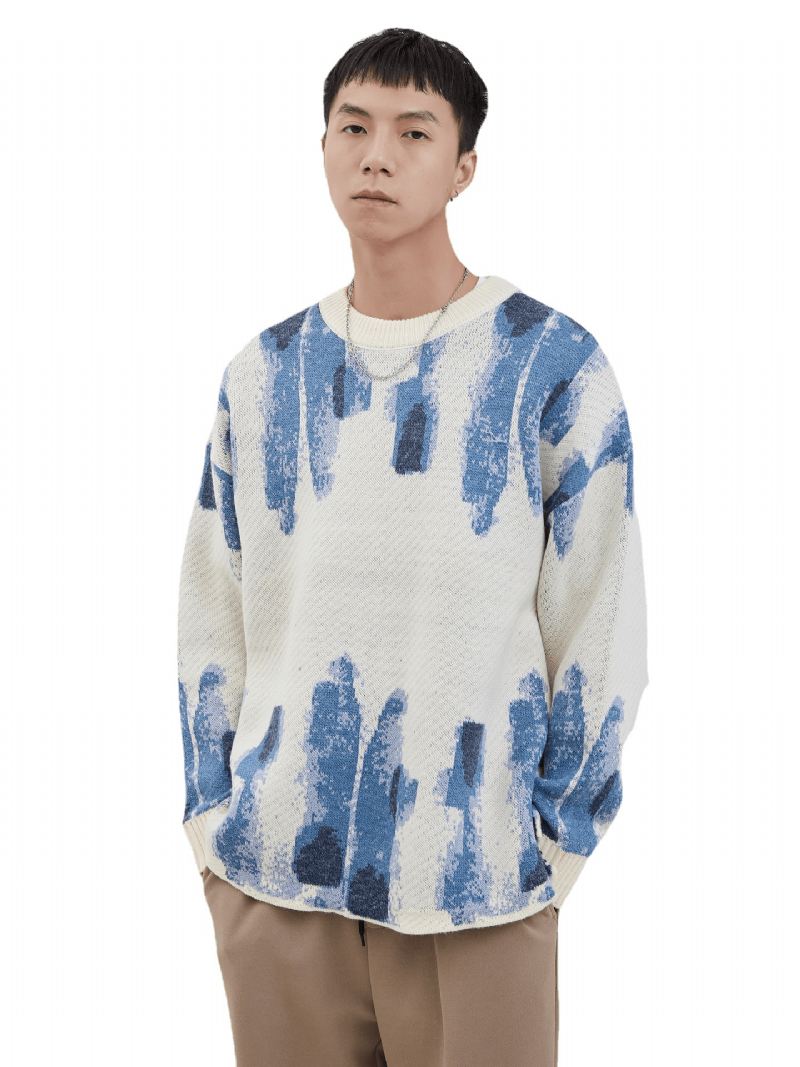 Blå Graffiti Akvarel Jacquard Casual Strik Løs Sweater