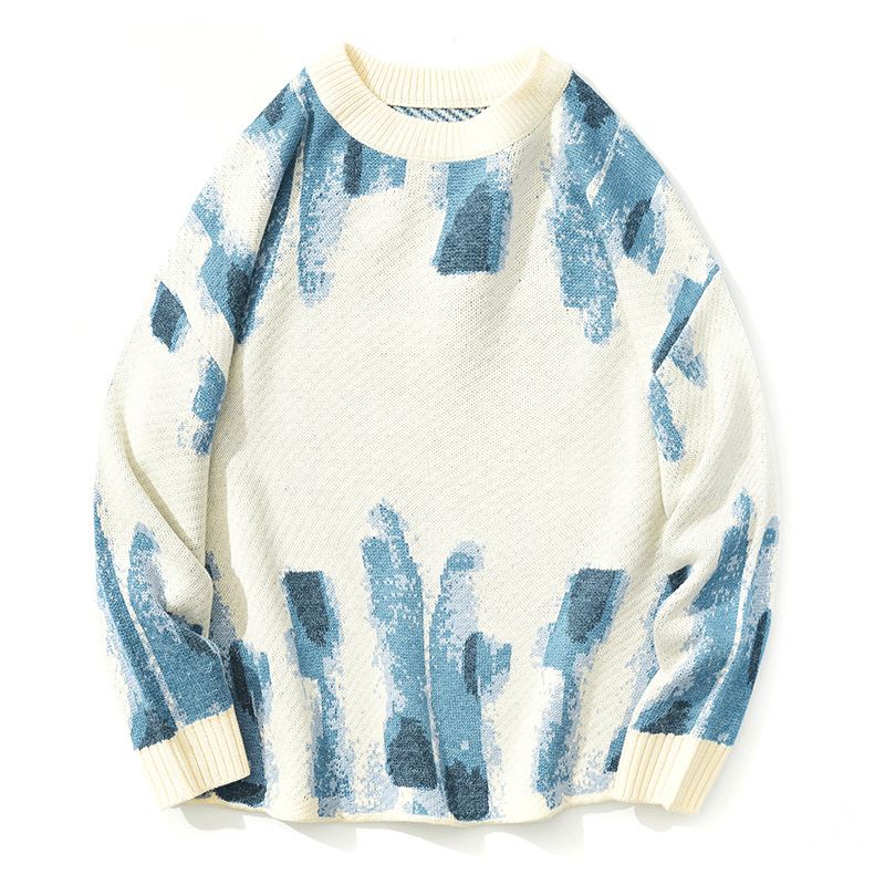 Blå Graffiti Akvarel Jacquard Casual Strik Løs Sweater