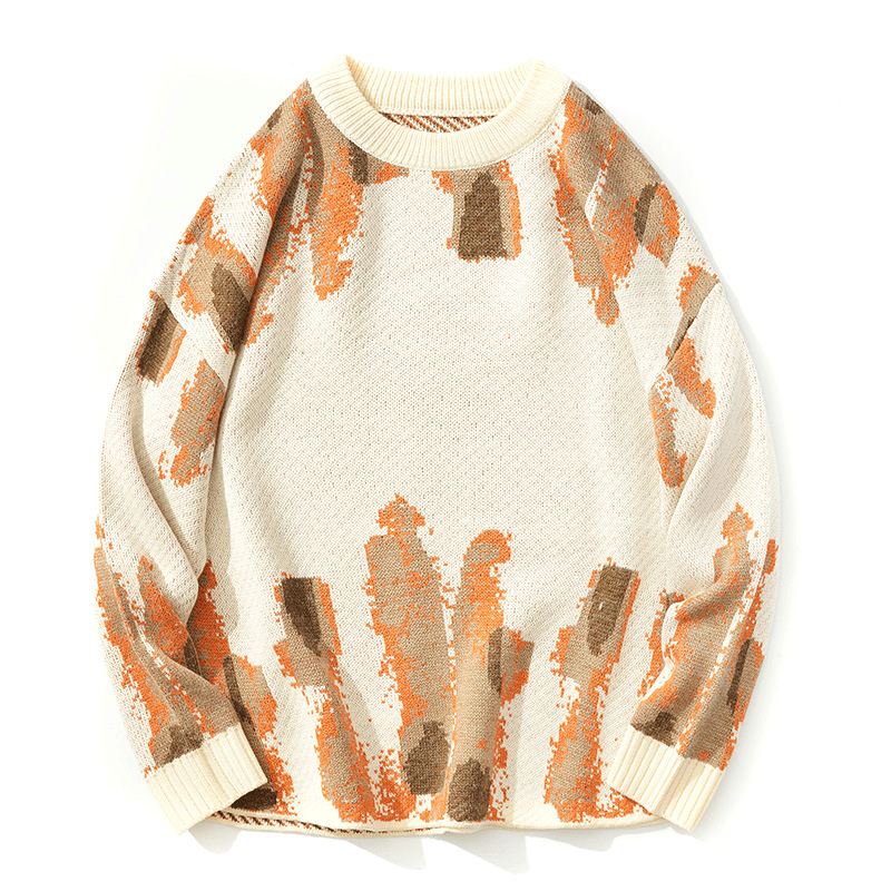 Blå Graffiti Akvarel Jacquard Casual Strik Løs Sweater