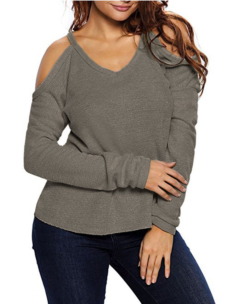 Dame V Neck Pullover Cold Shoulder Langærmede Sweatere Til Damer