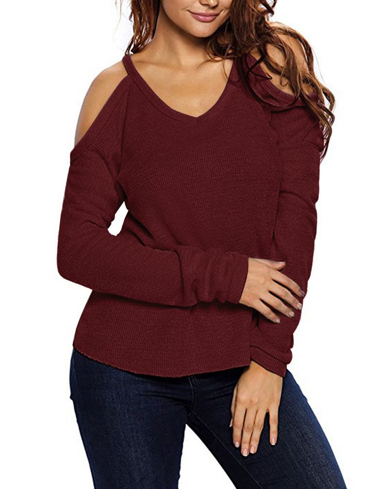 Dame V Neck Pullover Cold Shoulder Langærmede Sweatere Til Damer