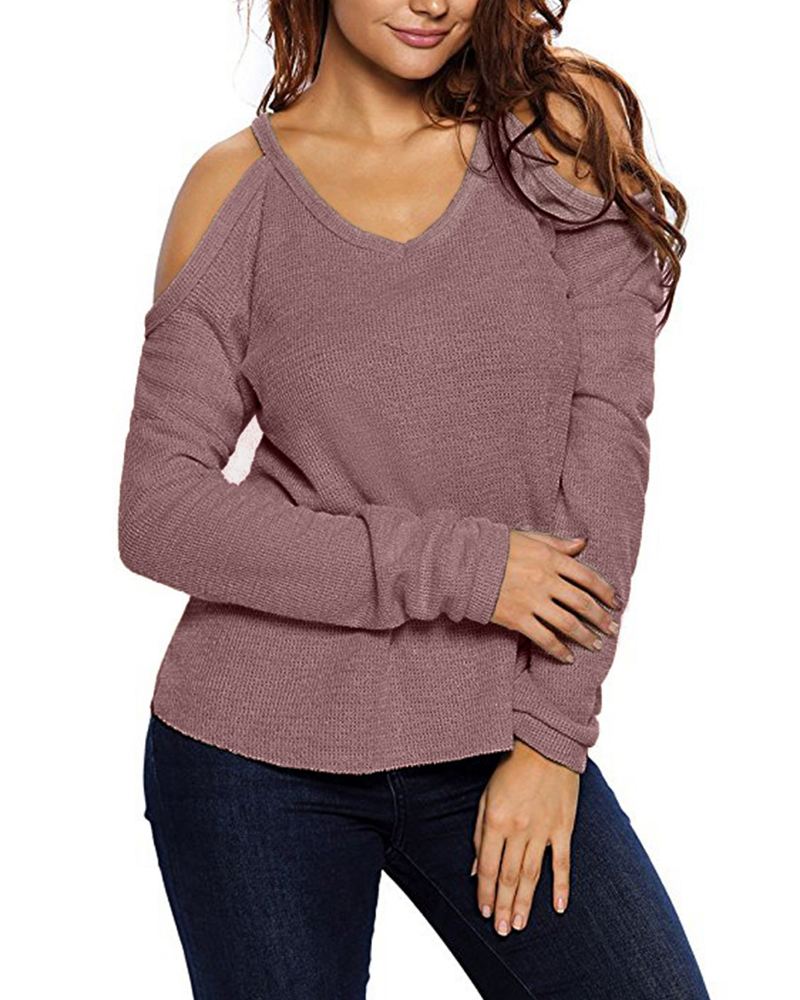 Dame V Neck Pullover Cold Shoulder Langærmede Sweatere Til Damer