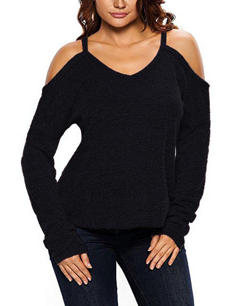 Dame V Neck Pullover Cold Shoulder Langærmede Sweatere Til Damer