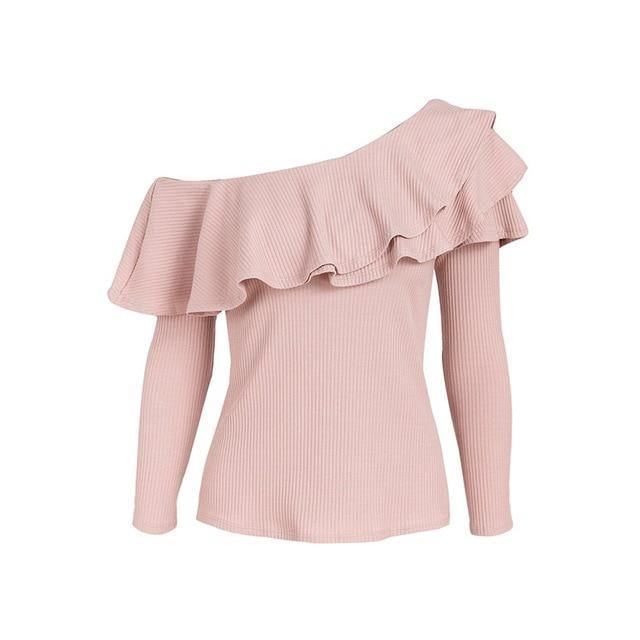 En Skulder Flæser Bluse Skjorte Kvinder Sexede Slanke Langærmede Toppe Strikket Elegant Bomuld Blusas New Mode Top Wear