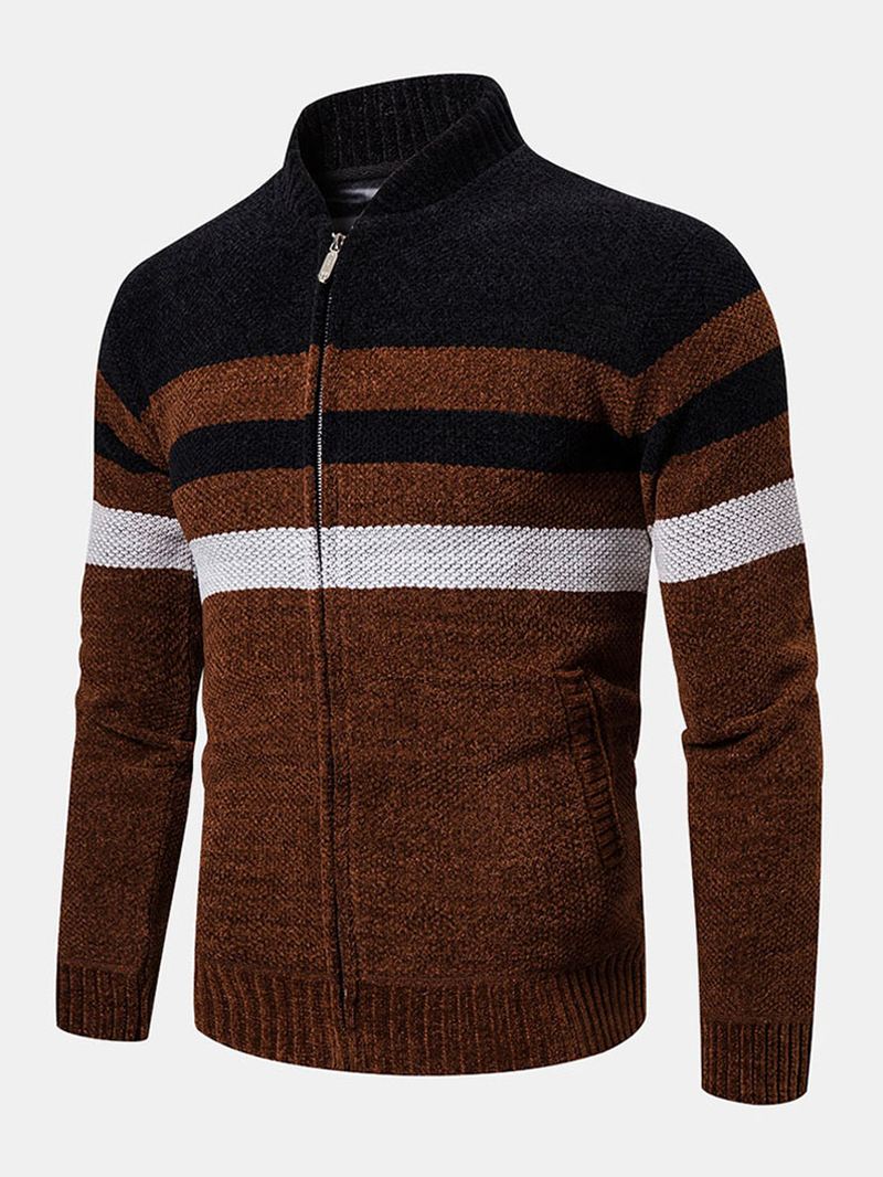 Herre Colorblock Stribet Skrå Lomme Baseballkrave Langærmet Sweater Hættetrøjejakke