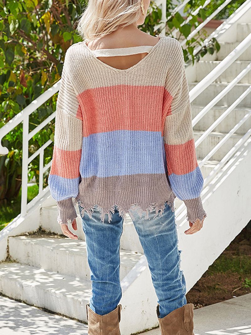 Kontrastfarve Stripe Med Tryk Rygløs Design Rå Hem Strikket Sweater