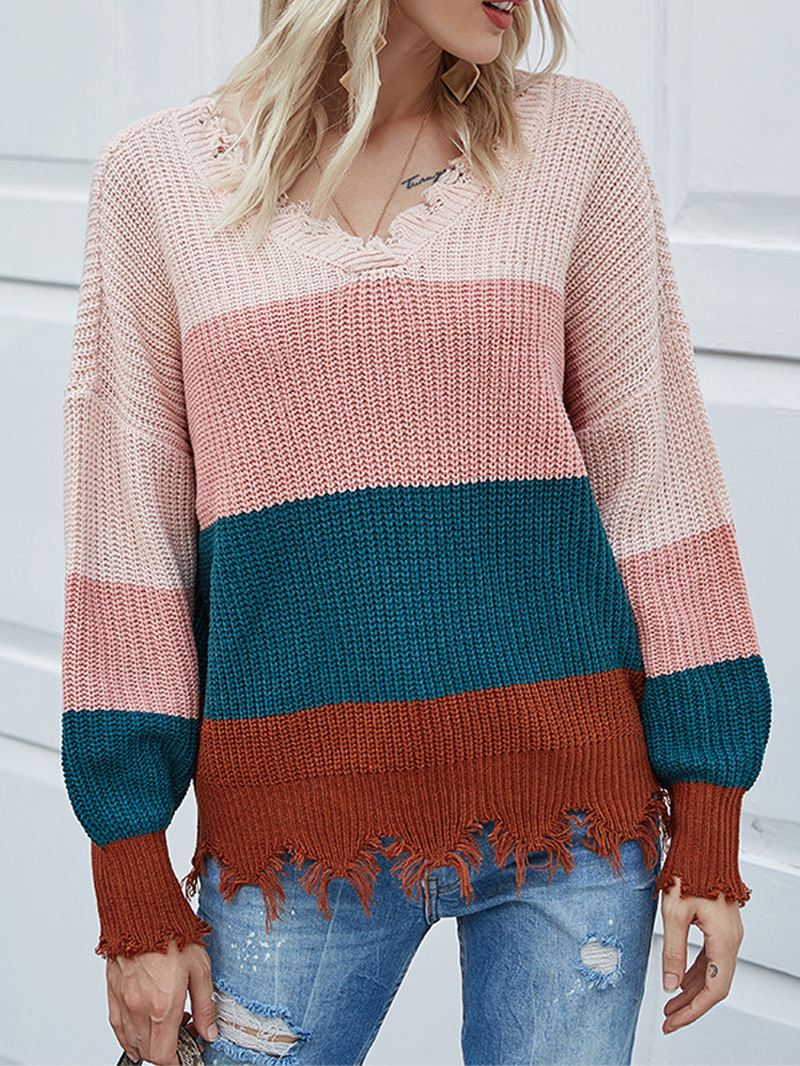 Kontrastfarve Stripe Med Tryk Rygløs Design Rå Hem Strikket Sweater