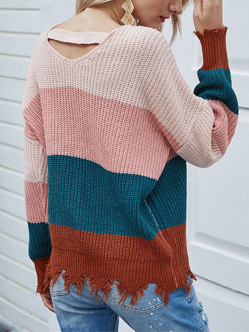 Kontrastfarve Stripe Med Tryk Rygløs Design Rå Hem Strikket Sweater