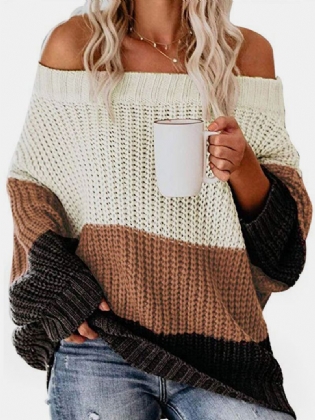 Kvinder Color Block Patchwork Strikket Off Shoulder Casual Sweaters