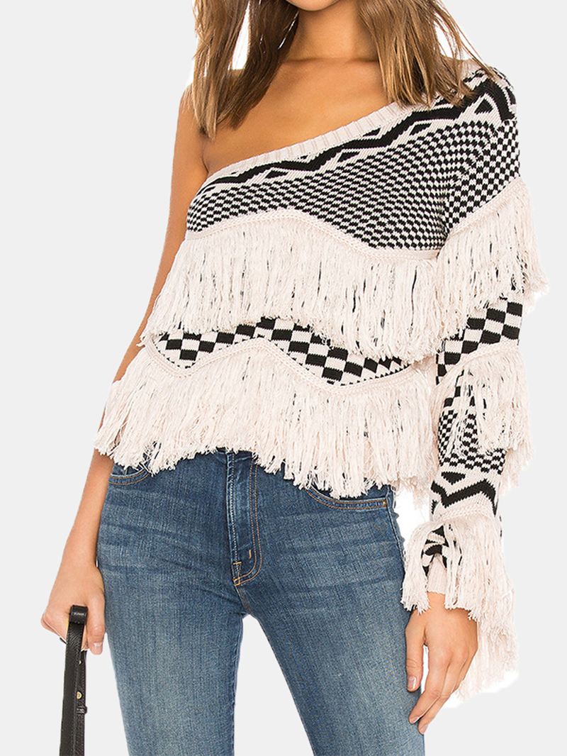 Kvinder Grid Mønster Strikket Stitching One Shoulder Tassel Sweater