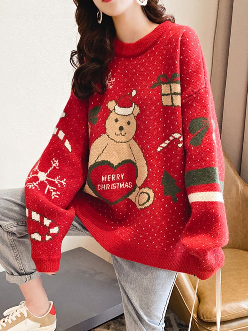 Kvinder Jul Cute Bear Med Tryk Rund Hals Casual Strikket Sweater