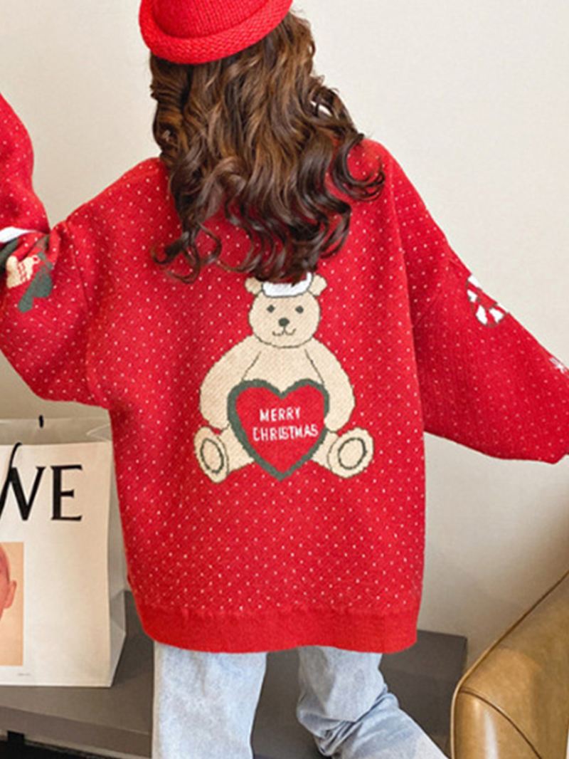 Kvinder Jul Cute Bear Med Tryk Rund Hals Casual Strikket Sweater