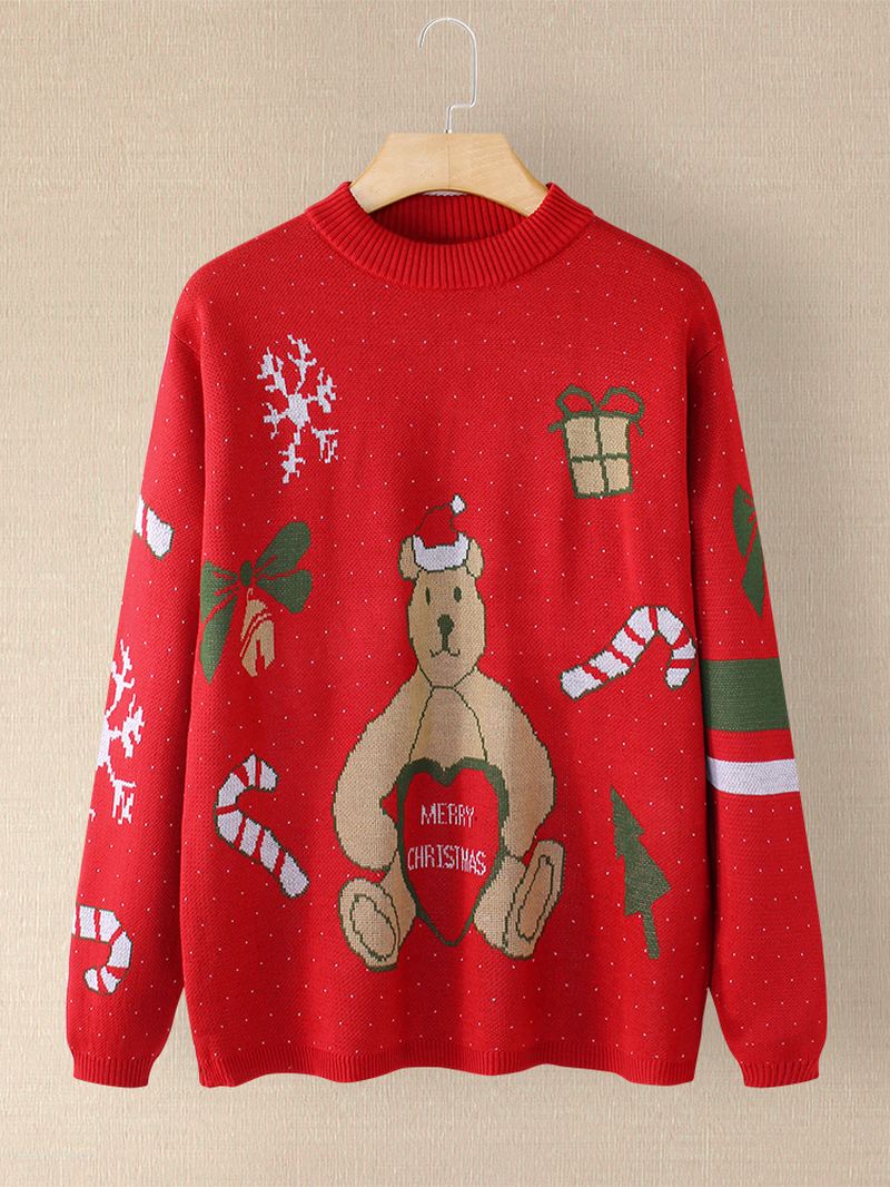 Kvinder Jul Cute Bear Med Tryk Rund Hals Casual Strikket Sweater