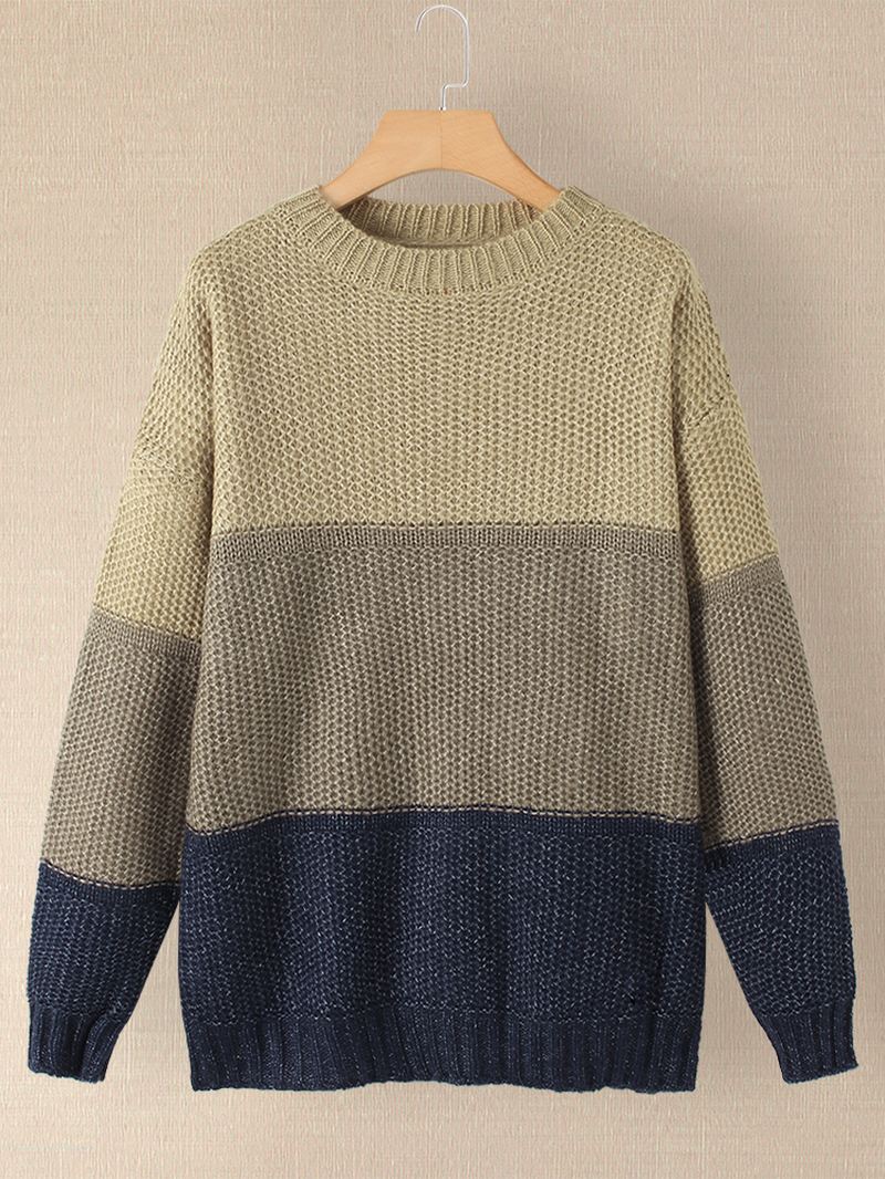 Kvinder Kontrastfarve Patchwork Rund Hals Langærmet Strikket Afslappet Sweater