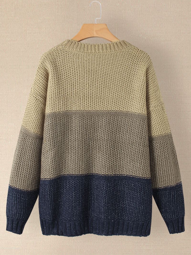 Kvinder Kontrastfarve Patchwork Rund Hals Langærmet Strikket Afslappet Sweater