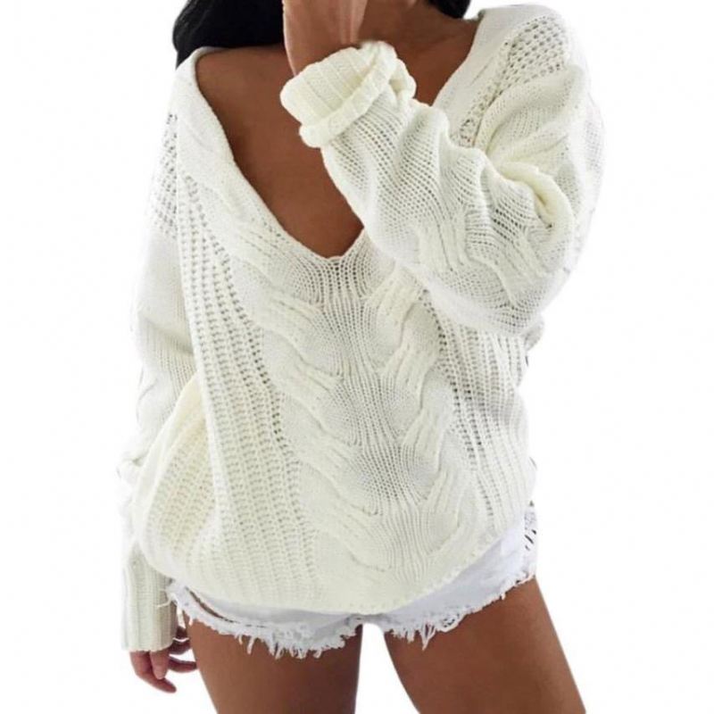 Kvinder Langærmet V-hals Top Sweater Pullover Løs Jumper Strik Outwear Kvinde Sweater