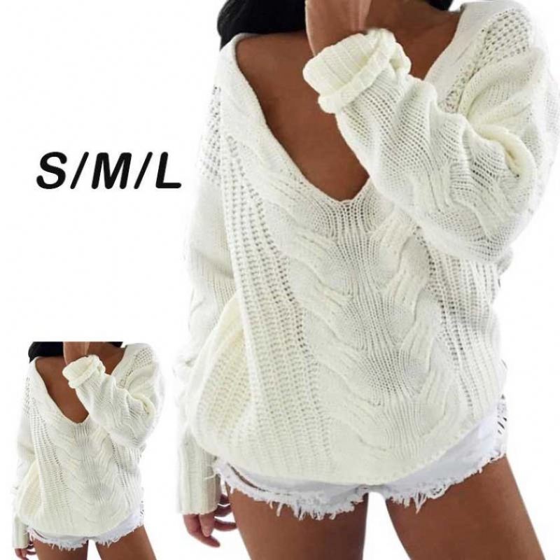 Kvinder Langærmet V-hals Top Sweater Pullover Løs Jumper Strik Outwear Kvinde Sweater