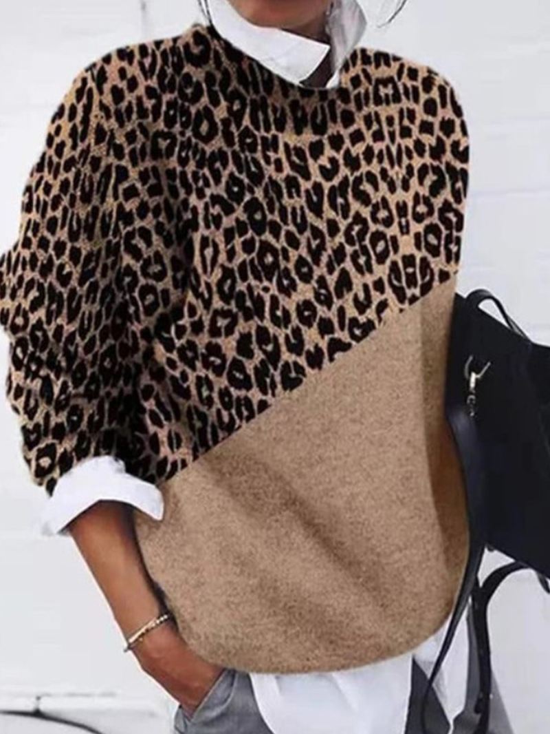 Kvinder Leopard Med Tryk Patchwork Rund Hals Langærmet Pullover Casual Sweaters