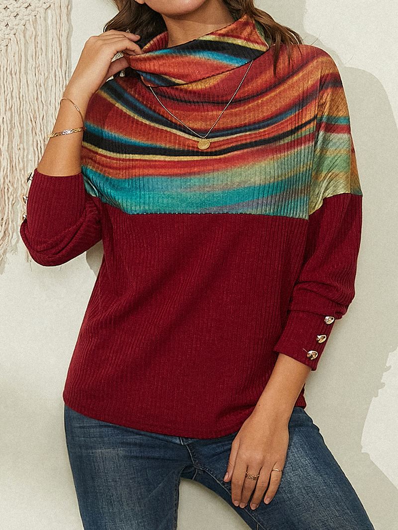 Kvinder Regnbuestribet Med Tryk Patchwork Rullekrave Ribstrikket Sweater