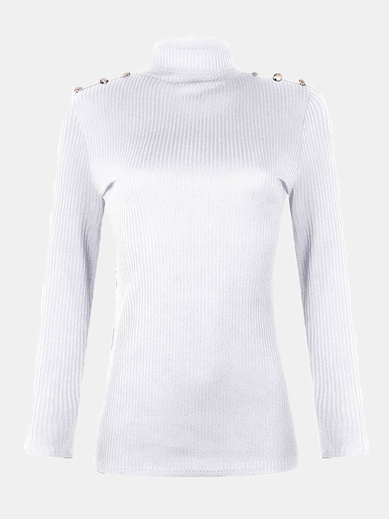 Kvinder Rullekrave Ensfarvet Knap Langærmet Basic Sweater