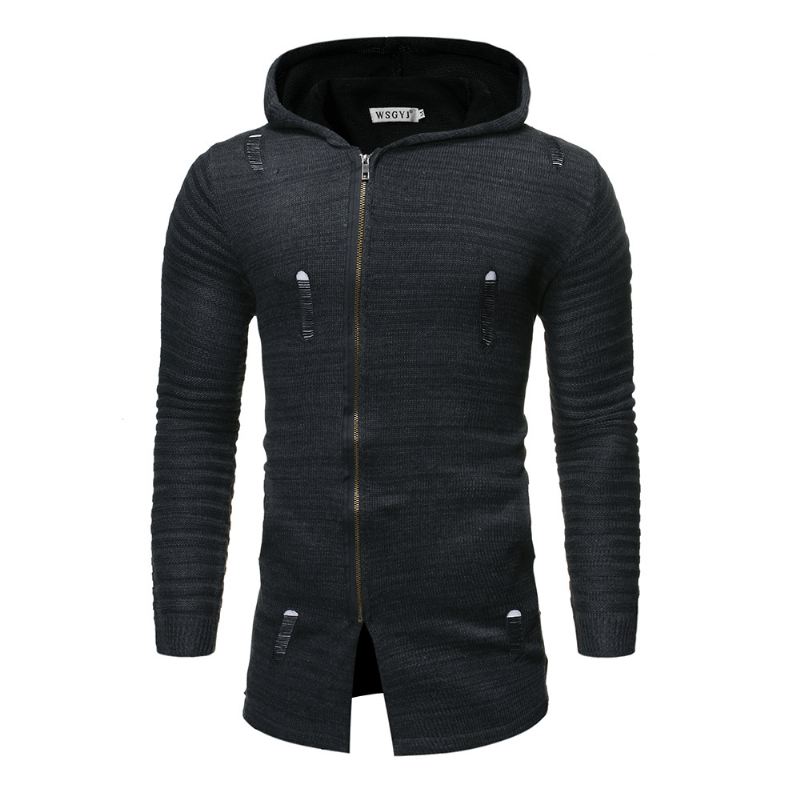 Mænds Afslappede Striktrøje Diagonal Pull Hole Hooded Cardigan Sweater Mænd