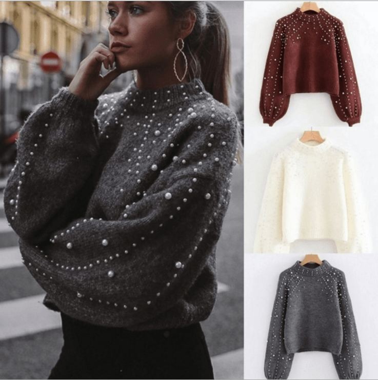 Perlekrave Vinterstrikket Sweater Dame Langærmet Grå Pullover Dame Varm Efterår Casual Sweater Pull Femme