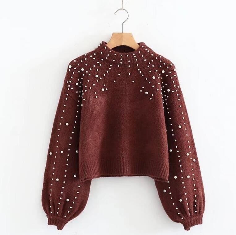 Perlekrave Vinterstrikket Sweater Dame Lanterneærmer Løs Grå Pullover Dame Blød Varm Efterår Casual Sweater