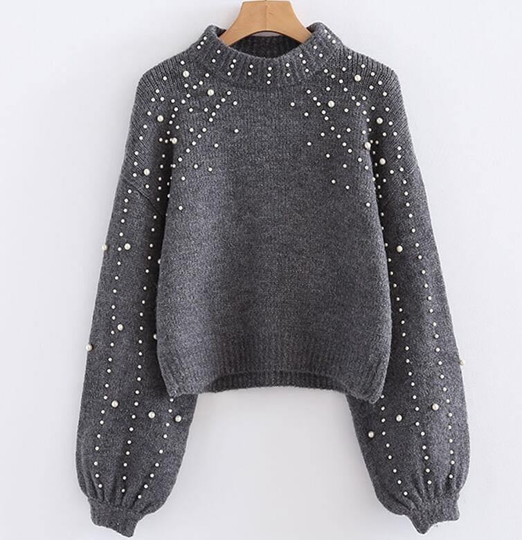 Perlekrave Vinterstrikket Sweater Dame Lanterneærmer Løs Grå Pullover Dame Blød Varm Efterår Casual Sweater