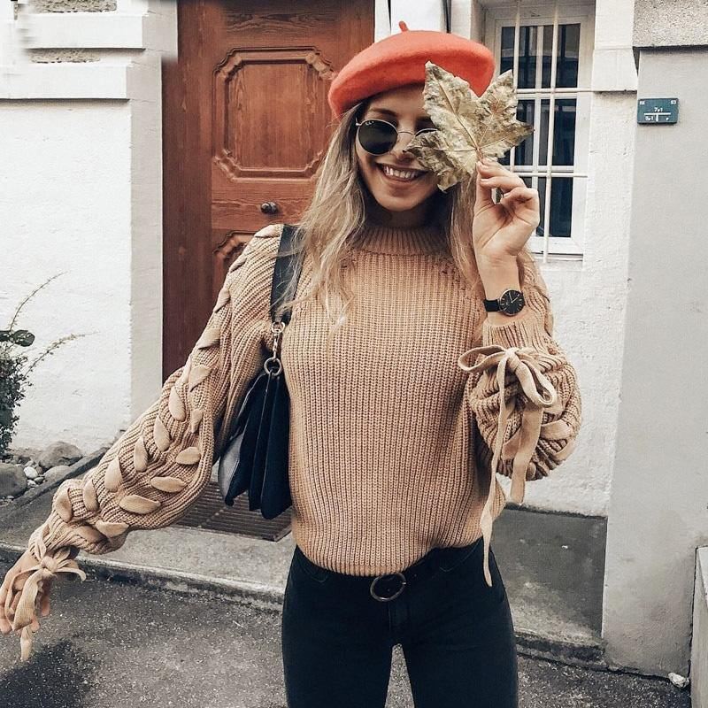 Snøre Strikket Sweater Dame Sweater O-hals Casual Efterår Vinter Sweater 2018 Korte Pullover Sweatere Dame Pull Femme