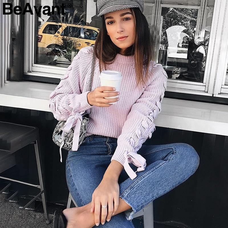 Snøre Strikket Sweater Dame Sweater O-hals Casual Efterår Vinter Sweater 2018 Korte Pullover Sweatere Dame Pull Femme