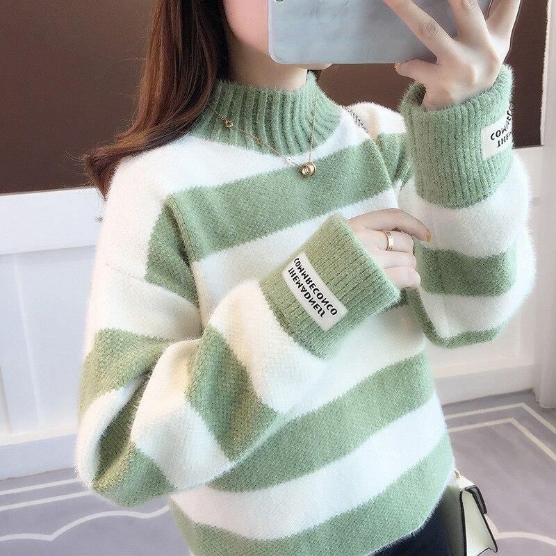 Sweater Dame Rullekrave Pullover Jumper Stripe Tyk Sweater Imiteret Mink Uld Sweater Sweater Dame Tøj