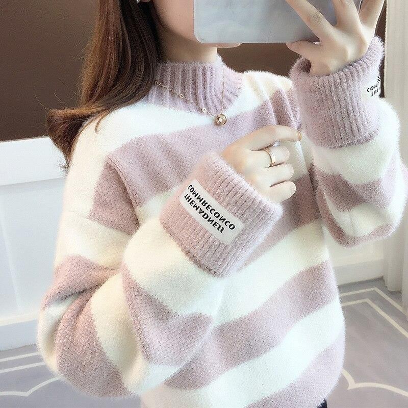 Sweater Dame Rullekrave Pullover Jumper Stripe Tyk Sweater Imiteret Mink Uld Sweater Sweater Dame Tøj