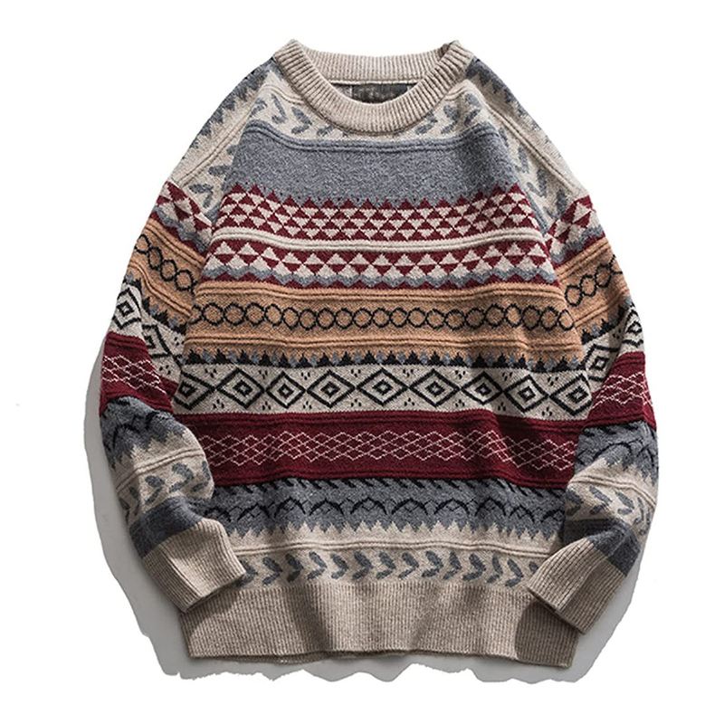 Tryk Og Farvning Pullover Sweater Kvinder Løs Retro National Trend