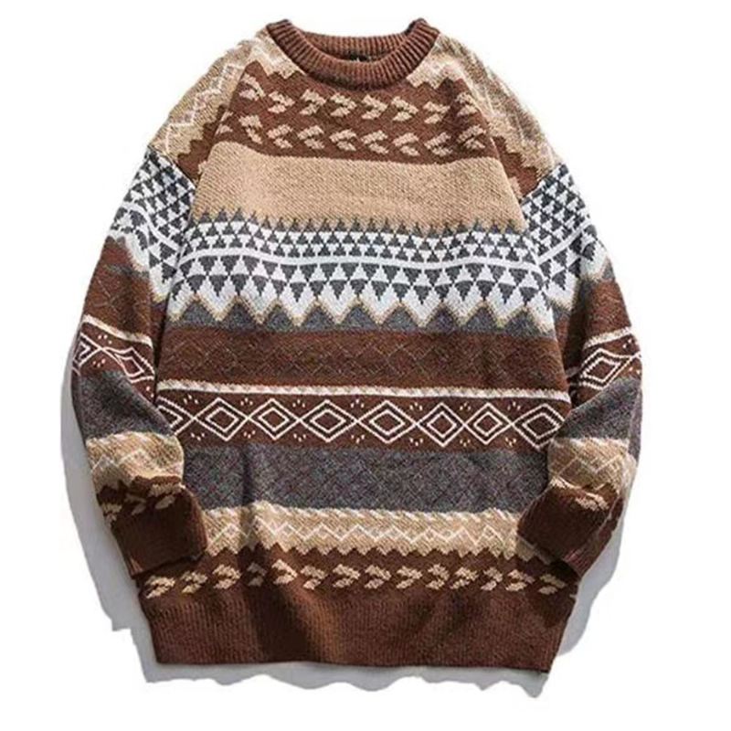 Tryk Og Farvning Pullover Sweater Kvinder Løs Retro National Trend