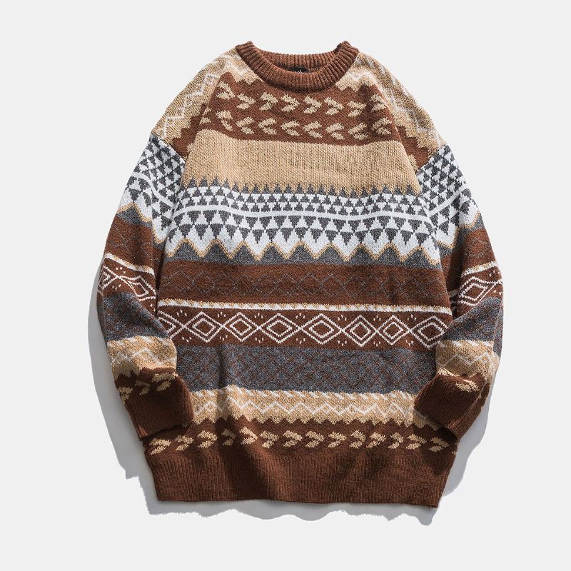 Tryk Og Farvning Pullover Sweater Kvinder Løs Retro National Trend