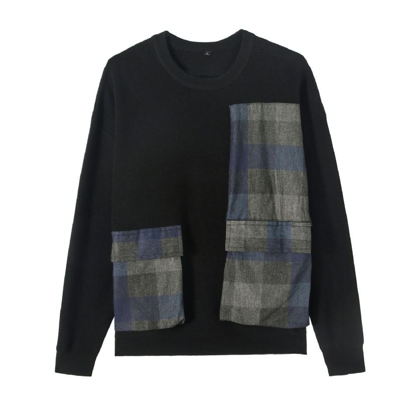 Ungdom Symmetrisk Plaid Stor Lomme Dekoreret Sweater Mænd