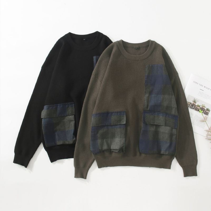 Ungdom Symmetrisk Plaid Stor Lomme Dekoreret Sweater Mænd