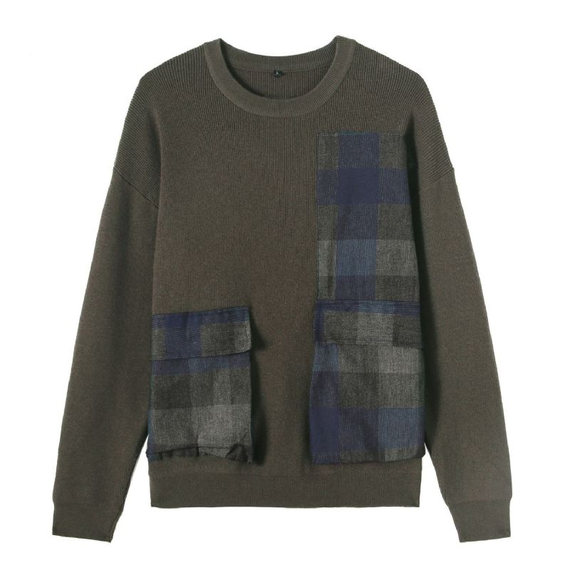 Ungdom Symmetrisk Plaid Stor Lomme Dekoreret Sweater Mænd