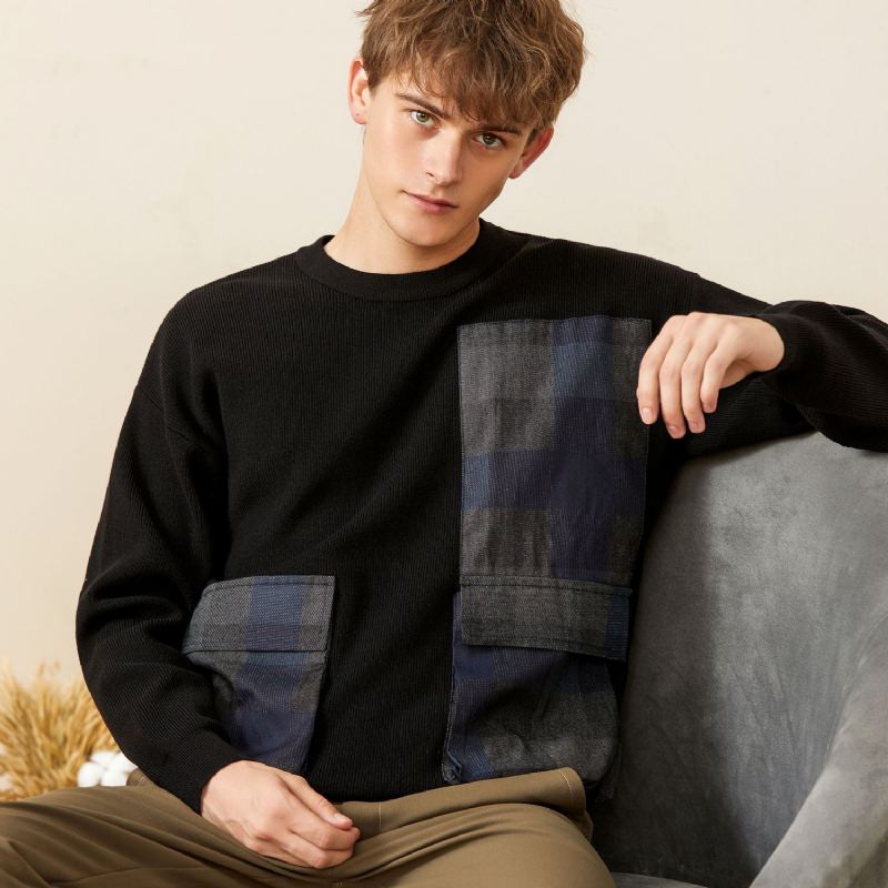 Ungdom Symmetrisk Plaid Stor Lomme Dekoreret Sweater Mænd